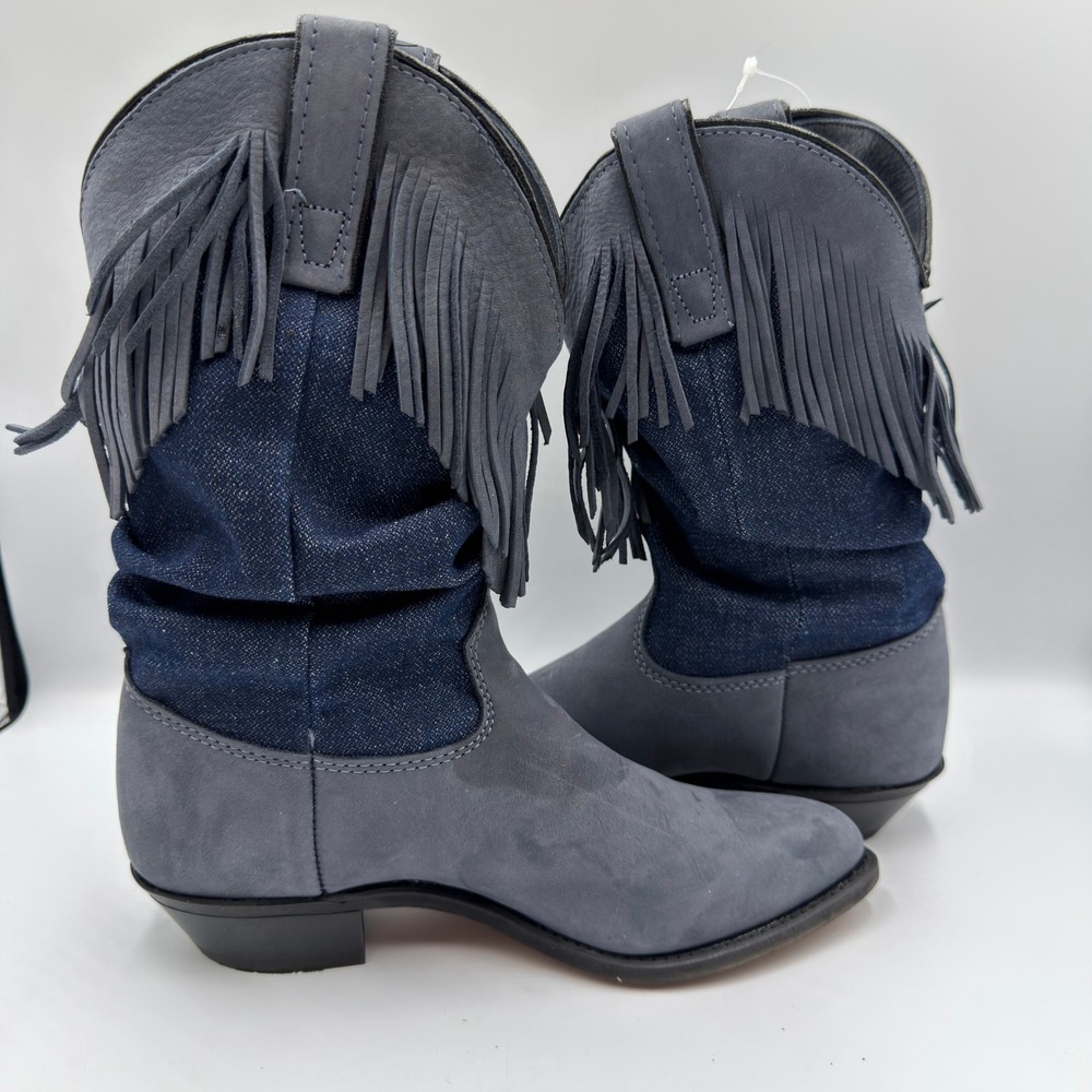 Vtg Wrangler Womens Durabuck Leather Fringe Western Boots Navy Blue Denim NEW - Picture 8 of 12